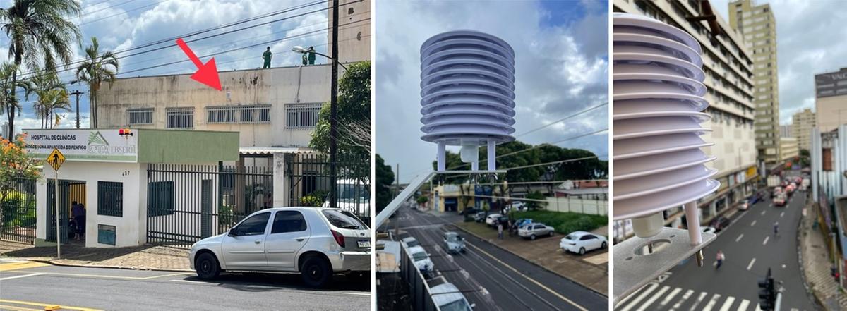 Equipamentos (sensor de temperatura e escudo protetor de radiação) instalados para o monitoramento da temperatura do ar em diferentes bairros de Uberaba. Da esquerda para a direita, pontos de coleta na Abadia, Parque das Américas e no Centro. (Imagens: Arquivo pessoal dos pesquisadores do projeto) (Foto/Divulgação)