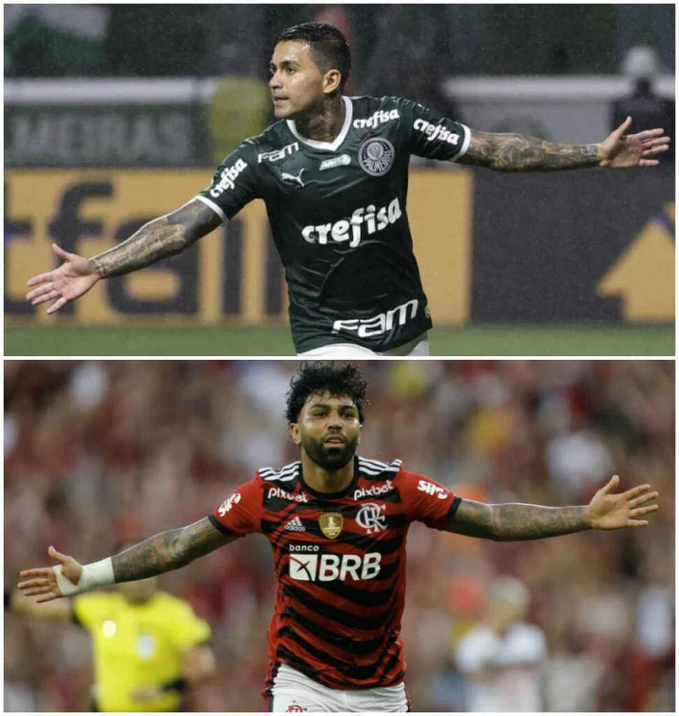 Campeões de tudo nos últimos anos, Dudu (Palmeiras) e Gabigol (Flamengo) disputam hoje a tarde, o título da Supercopa 2023 (Fotos/Cesar Greco (Palmeiras) e Gilvan de Souza (Flamengo))