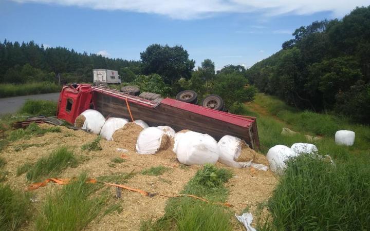 O caminhão estava carregado de silo e o condutor foi retirado da cabine por outros motoristas que passavam pela rodovia (Foto/Divulgação)