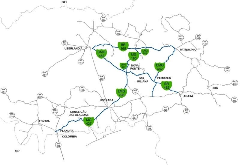 Mapa dos trechos assumidos pelo Consórcio Infraestrutura MG por meio da concessionária Rodovias do Triângulo  (Foto/Reprodução)