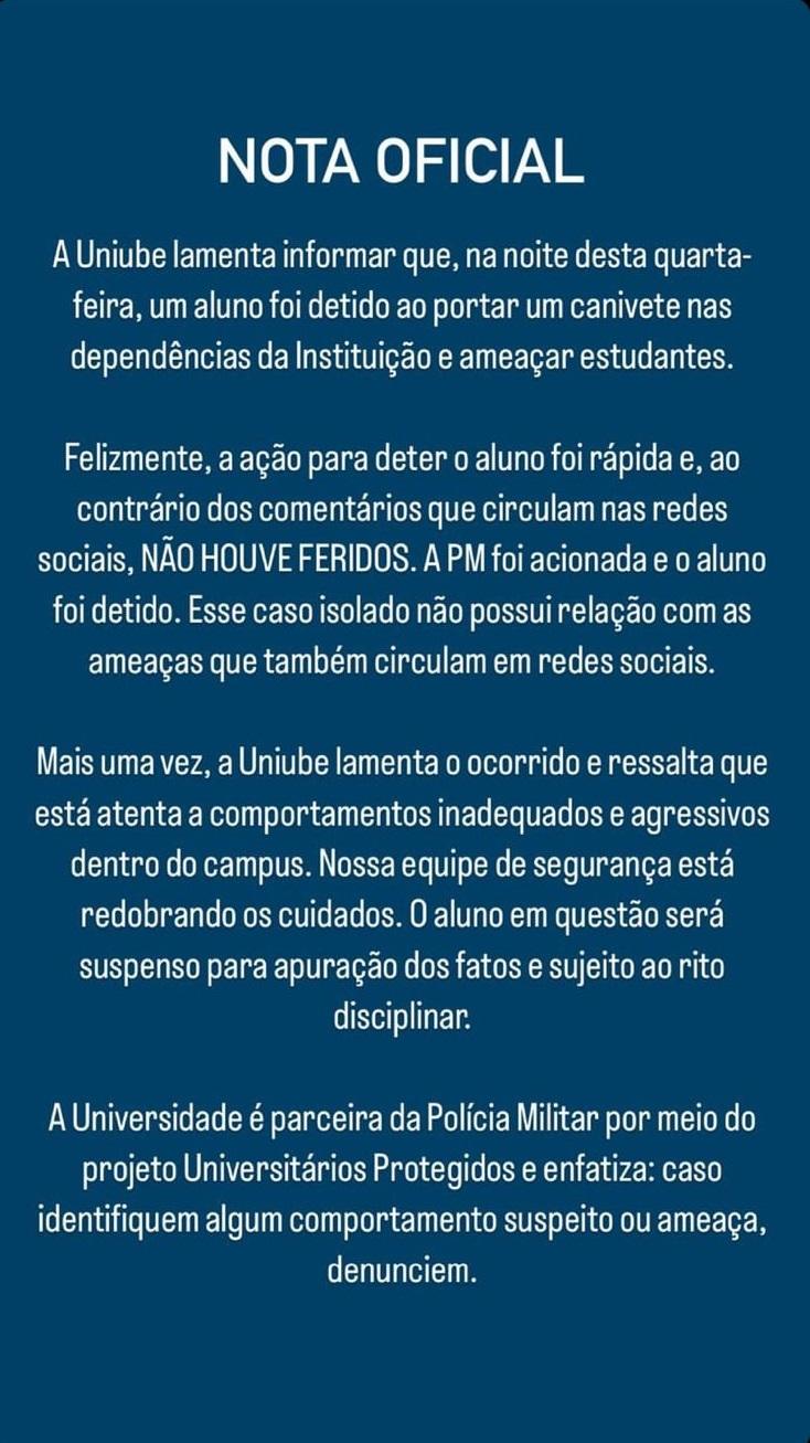 Universidade de Uberaba emite nota oficial após aluno ser flagrado portando canivete (Foto/Reprodução redes sociais)