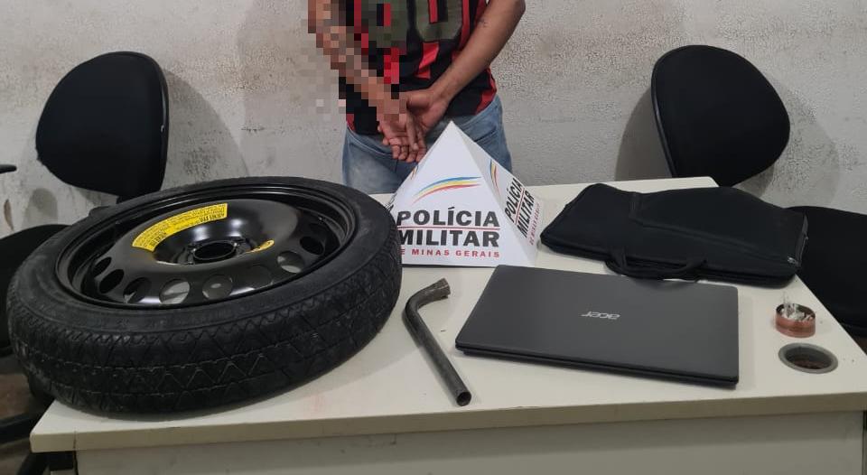 Homem foi preso por receptação pela Polícia Militar, sendo que a roda de veículo com um pneu, marca Continental, chegou a oferecer para venda em redes sociais (Foto/Divulgação)