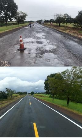 Antes e depois de trecho recuperado da MG-427 entre Uberaba e Conceição das Alagoas  (Foto/Divulgação)