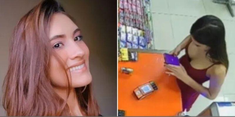 Dalliene de Cassia Brito Pereira em uma loja de conveniência de posto de combustíveis comprando cigarros e respondendo mensagens no WhatsApp (Foto/Reprodução)