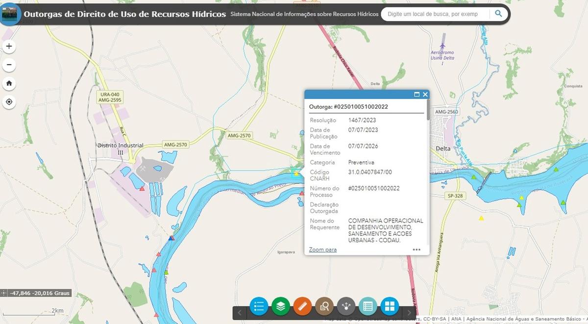 Site da ANA publicou a localização exata da captação de água no rio Grande pela Codau e os demais detalhes técnicos  (Foto/Reprodução)