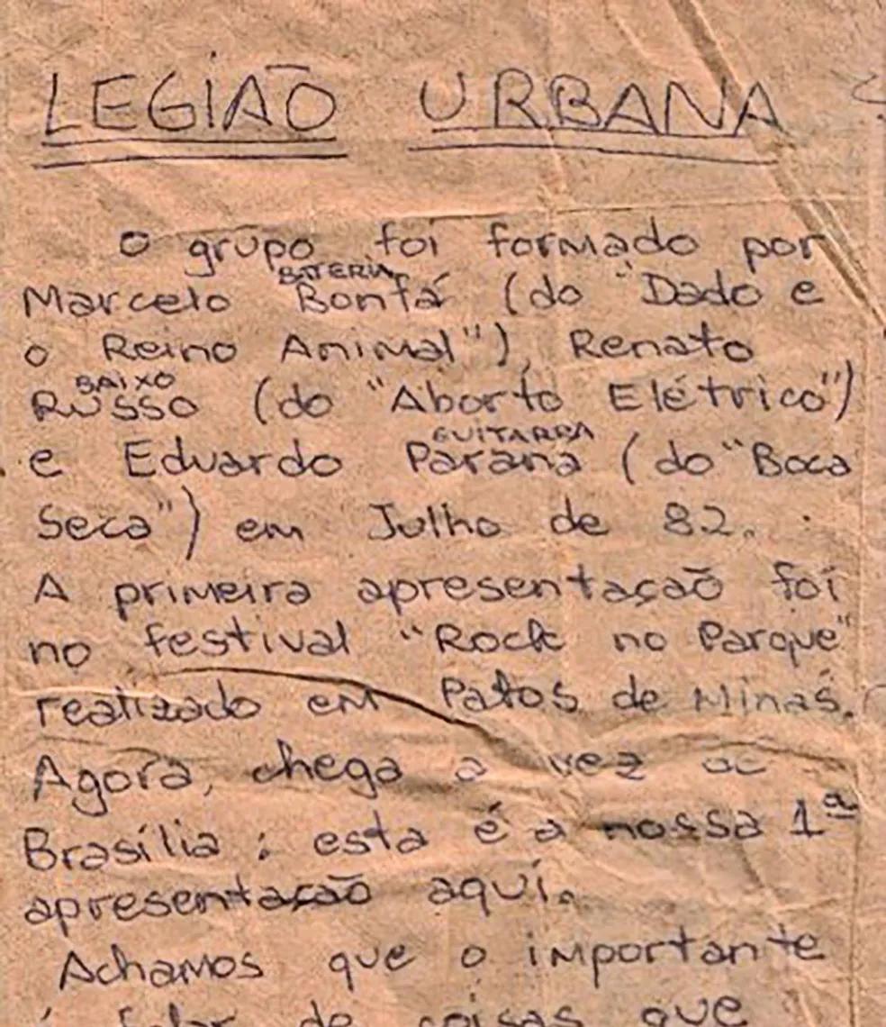 Manuscrito Legião Urbana Renato Russo. (Foto/Marcelo Bonfá/Redes Sociais)