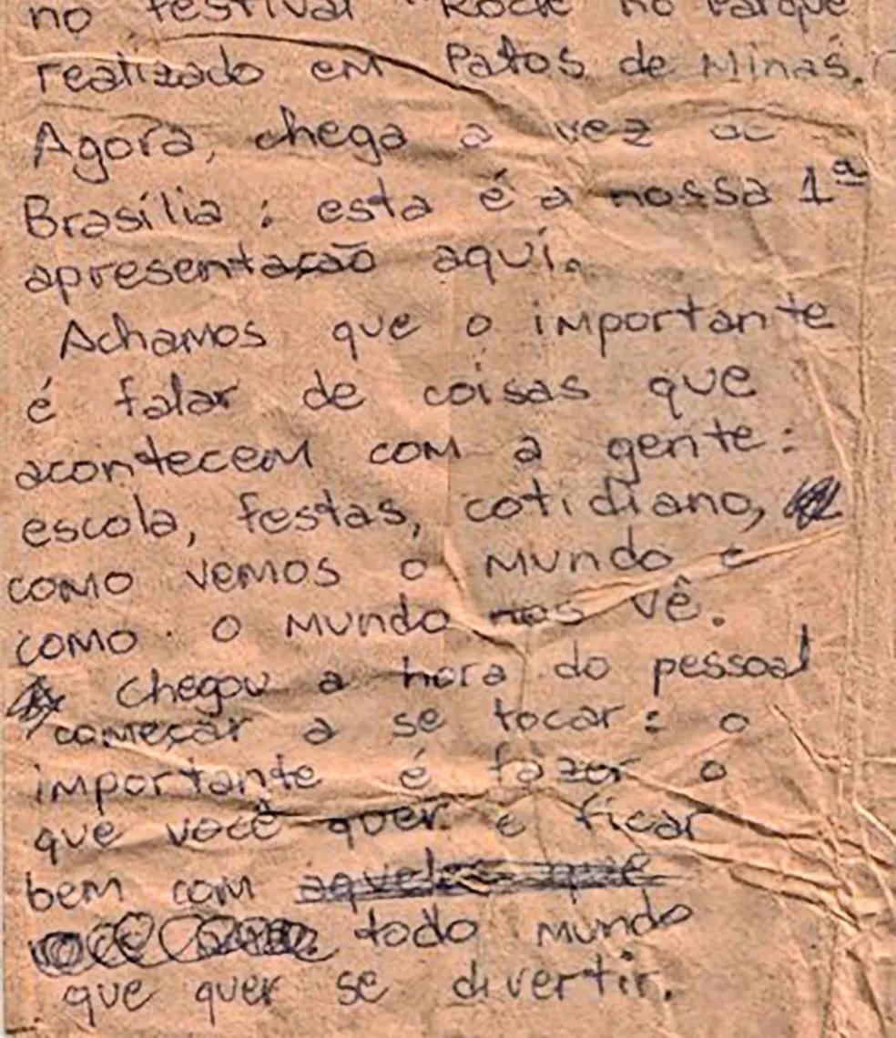 Manuscrito Legião Urbana Renato Russo. (Foto/Marcelo Bonfá/Redes Sociais)