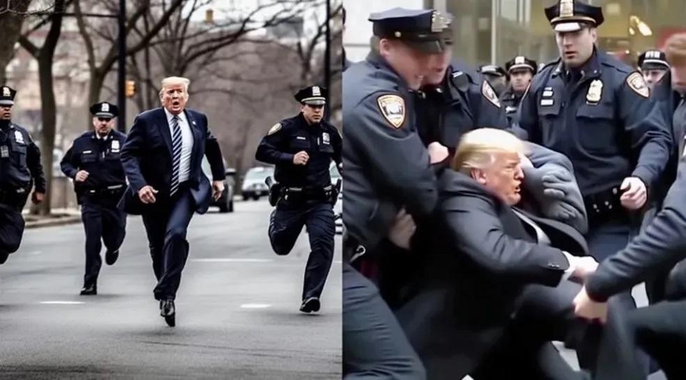 Donald Trump sendo perseguido por policiais, em imagem criada a partir de inteligência artificial (Foto/Reprodução)