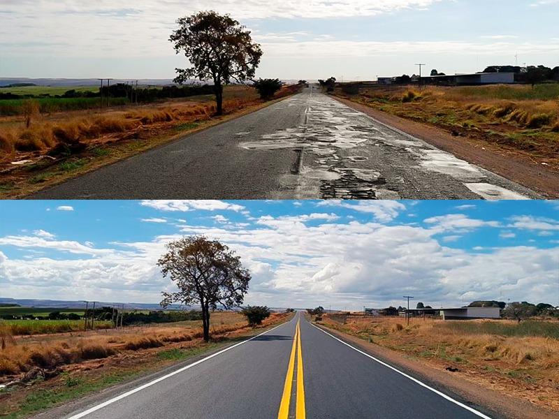 O antes e depois de trecho da MG-190, onde o asfalto já foi recuperado, o que deve acontecer na totalidade até o início da cobrança de pedágio (Foto/Divulgação)