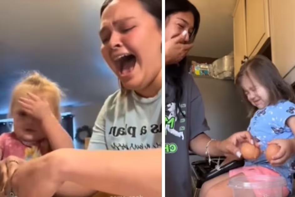 Mães se divertem ao quebrar ovo na testa de filhos pequenos para gravar e postar nas redes sociais (Foto/Reprodução TikTok)