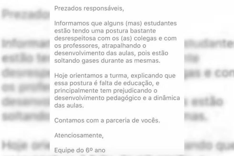 Informe enviado por escola a mães e pais (Foto/Reprodução)