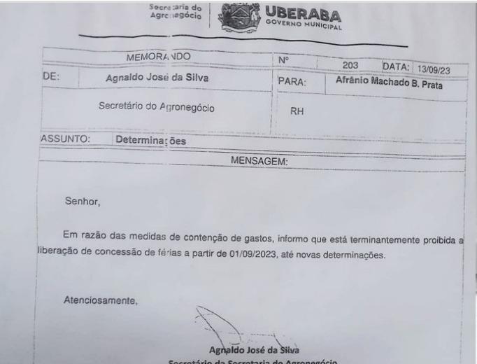 Na curta mensagem, secretário posiciona ao servidor que a liberação de concessão de férias está “terminantemente proibida” (Foto/Reprodução)