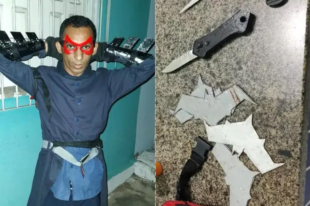 Homem vestido de super-heroi invade casa e tenta matar morador com arma do Batman e faca (Foto/Montagem/Reprodução/PMPI)