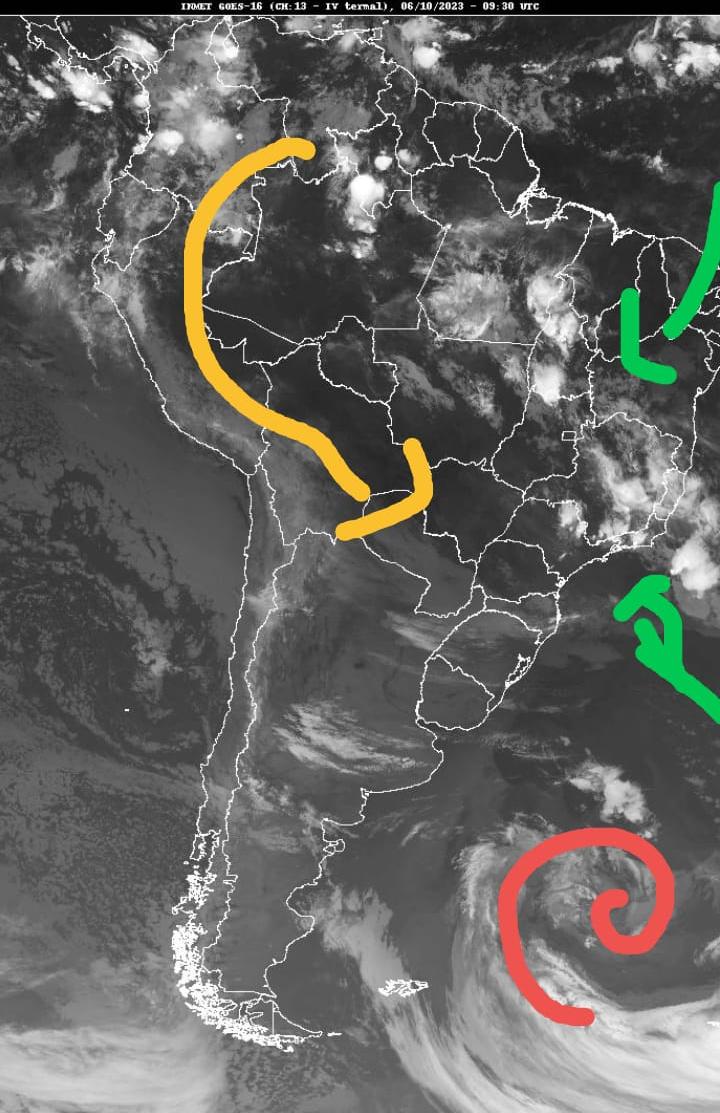 Em vermelho, novo ciclone extratropical; verde, a umidade entrando de Sudeste para Noroeste; amarelo, jatos de baixos níveis (Foto/Inmet)