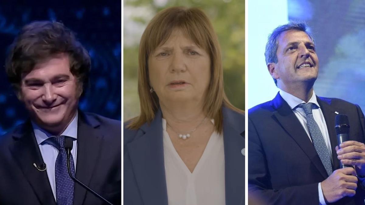 Presidenciáveis na Argentina — Javier Milei (à esquerda), Patricia Bullrich e Sergio Massa (à direita) (Fotos/Reprodução redes sociais)