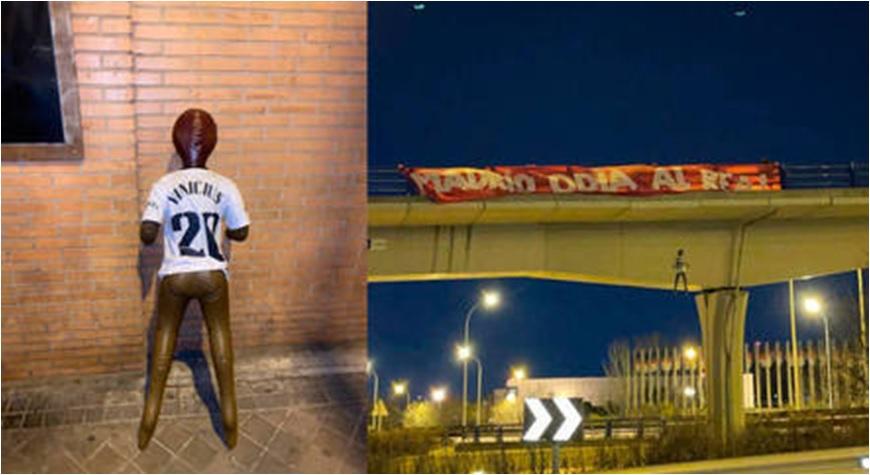Torcedores do Atlético de Madrid penduraram boneco que representava Vinícius em ponte (Foto/Reprodução/Rede Sociais)