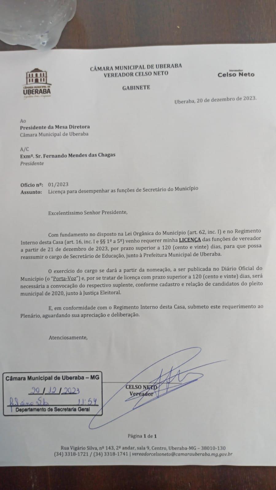 Celso Neto volta a pedir licenciamento do cargo de vereador para reassumir Secretaria de Educação, em Uberaba (Foto/Reprodução)