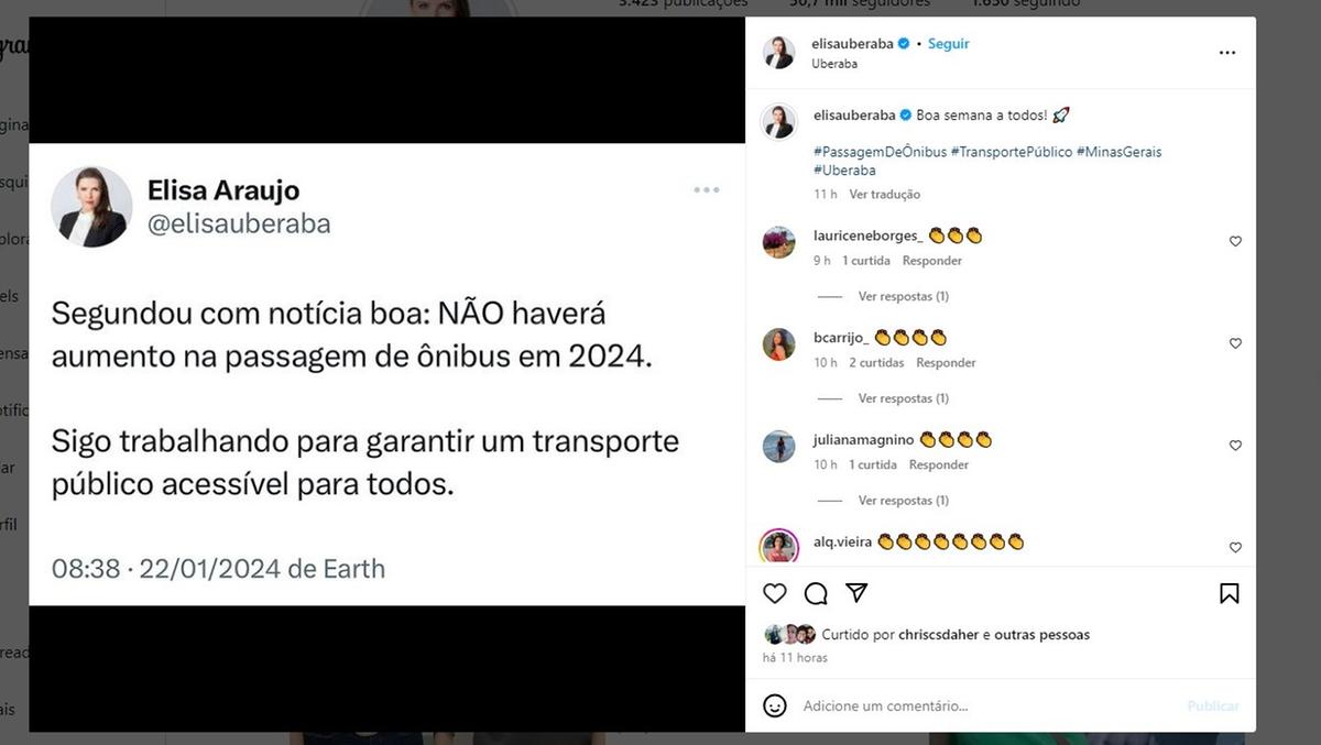 Postagem da prefeita Elisa na manhã de ontem e confirmada mais tarde pela comunicação da Prefeitura (Foto/Reprodução)