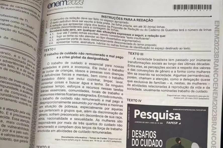 Na página que vazou, é possível ler os quatro textos motivacionais usados como base para a dissertação dos candidatos (Foto/Reprodução/Rede social)