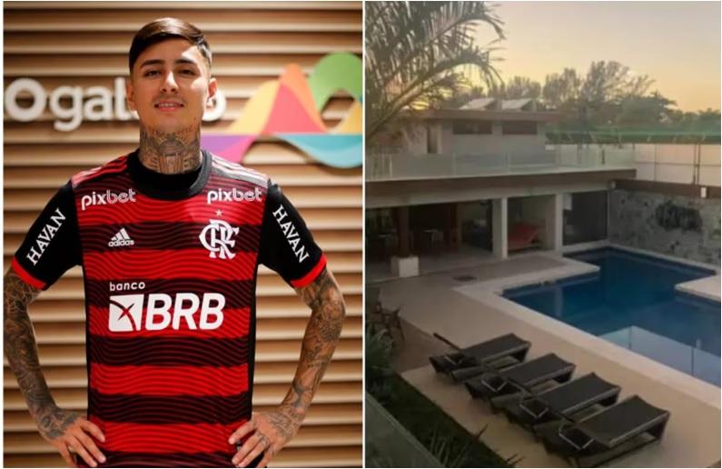 Pulgar, do Flamengo, e a mansão onde mora, no Rio de Janeiro (Foto/Gilvan de Souza/Flamengo e Reprodução TV Globo)