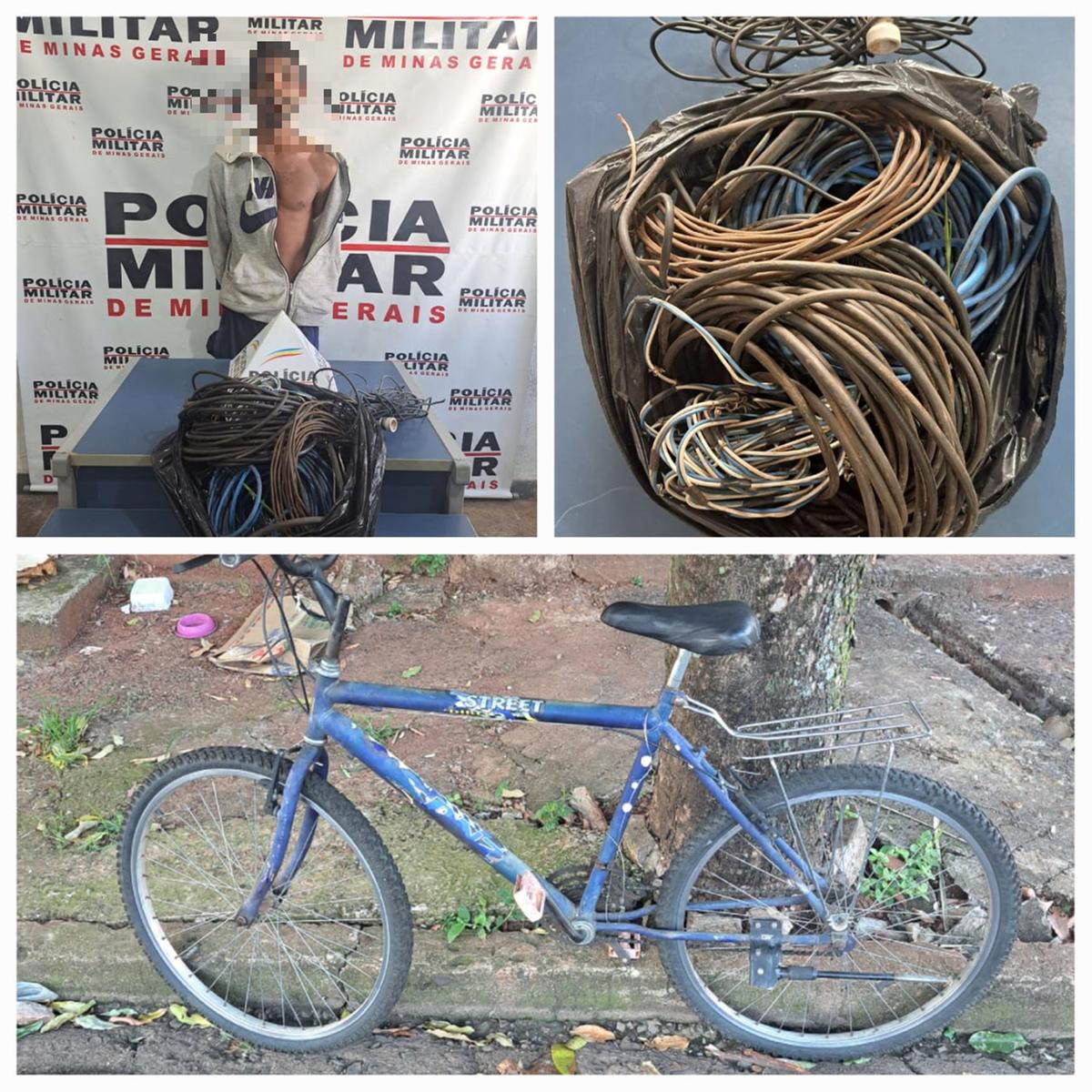 Foi encontrado um saco plástico contendo fios de cobre, que haviam sido recentemente furtados de uma residência. Além disso, a bicicleta utilizada pelo suspeito também foi apreendida (Foto/Divulgação PM)