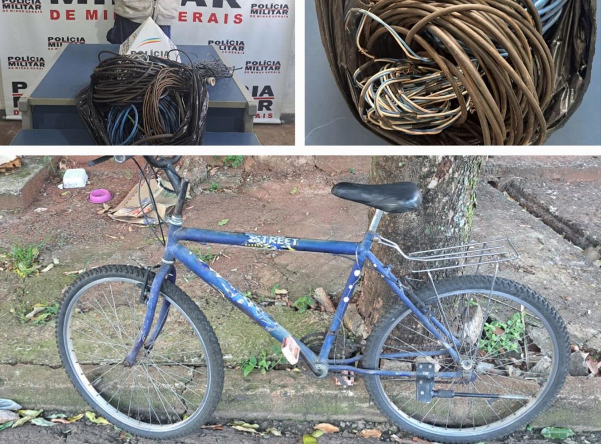 Os cabos de energia elétrica e bicicleta furtados na residência invadida pelo jovem no bairro Olinda (Foto/Divulgação)