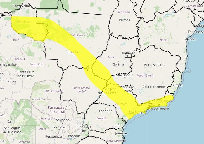 Área em amarelo no mapa mostram o curso em que está previso o deslocamento da massa de ar fio (Foto/Reprodução)