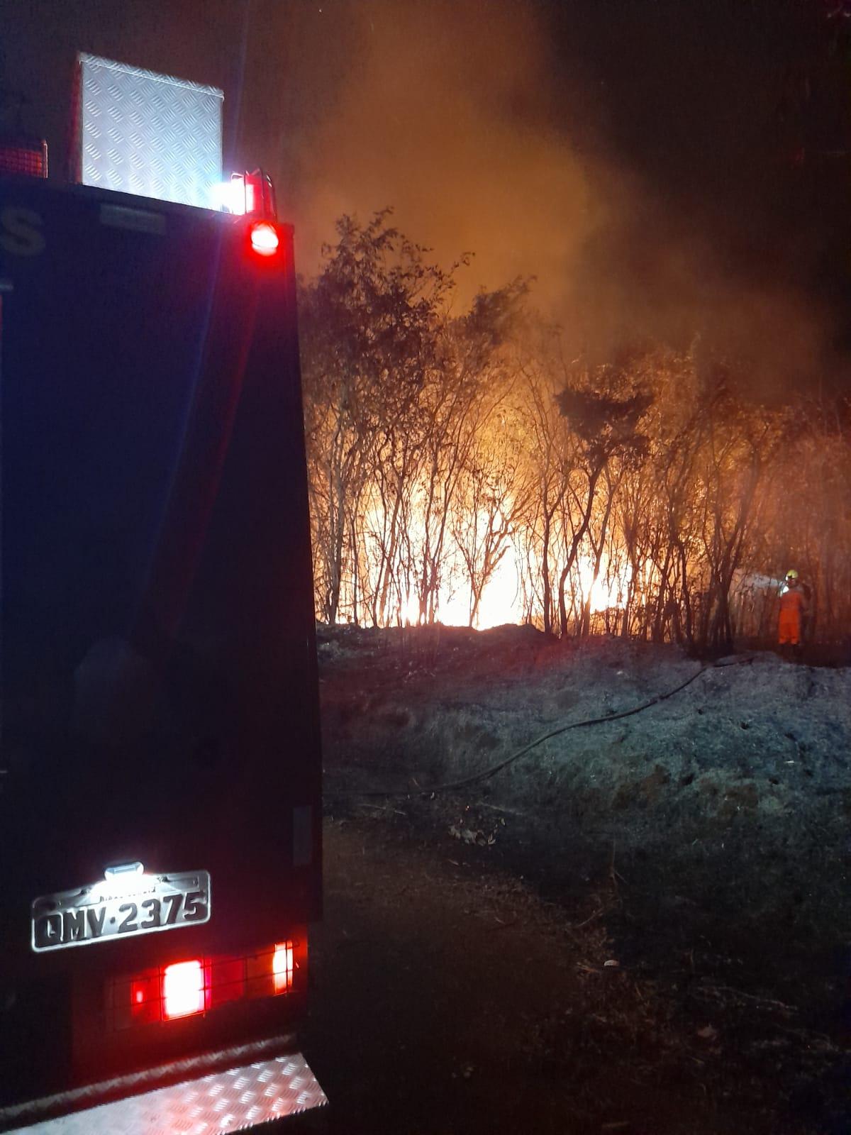 As chamas avançavam em direção às residências, exigindo uma ação rápida para evitar que o fogo atingisse as construções (Foto/Divulgação)