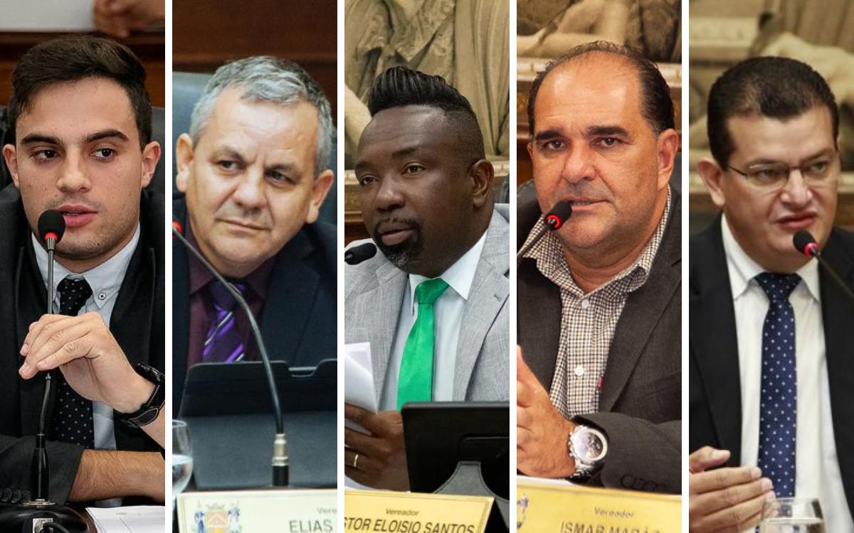 Vereadores Caio Godoi (PP), Elias Divino (Pode), Eloisio dos Santos (PSD), Ismar Marão (PSD) e Samuel Pereira (PMB) já têm candidatura deferida pela Justiça Eleitoral, em Uberab (Fotos/Divulgação CMU)