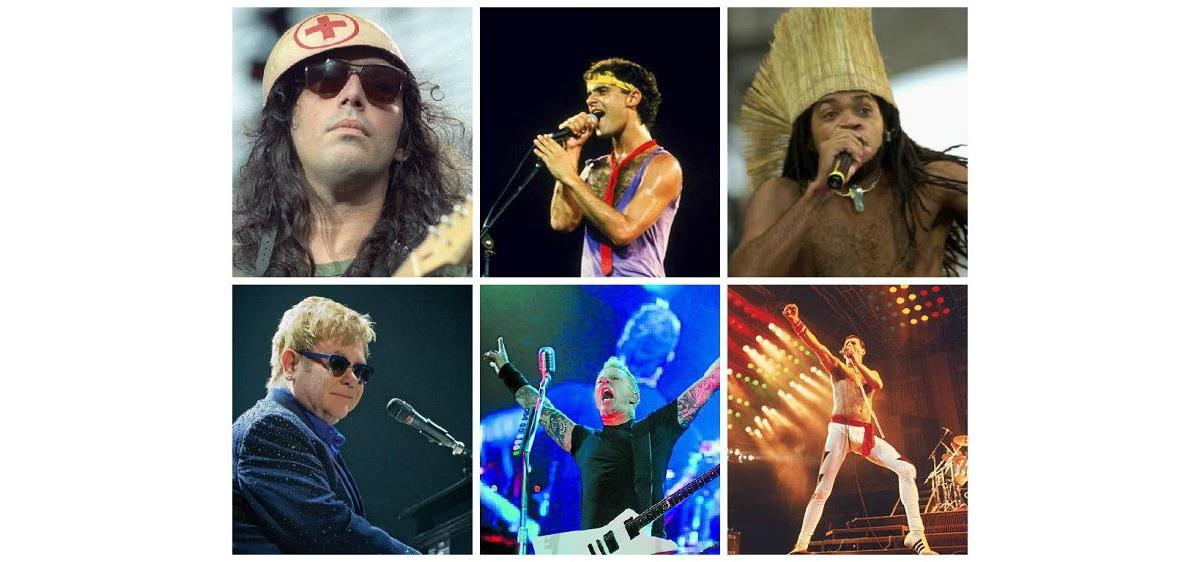 Lobão, Cazuza, Carlinhos Brown, Elton John, Metallica e Freddie Mercury protagonizaram momentos históricos do Rock in Rio (Foto/Montagem/Reprodução)