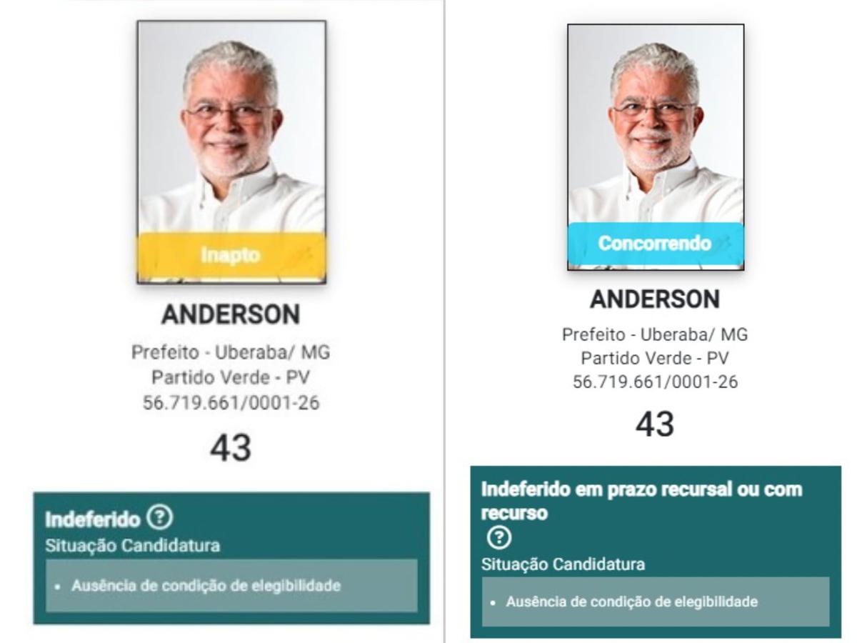 À esquerda, site do TSE com a candidatura de Adauto indeferida; à direita, site mostra candidato como "concorrendo" (Foto/Reprodução/TSE)