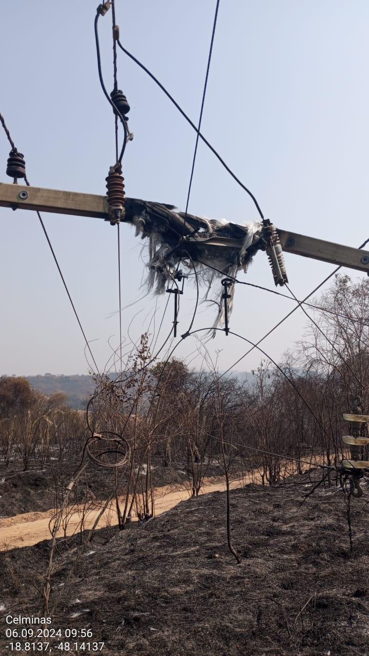 Poste de energia elétrica totalmente danificado após incêndio (Foto/Divulgação)