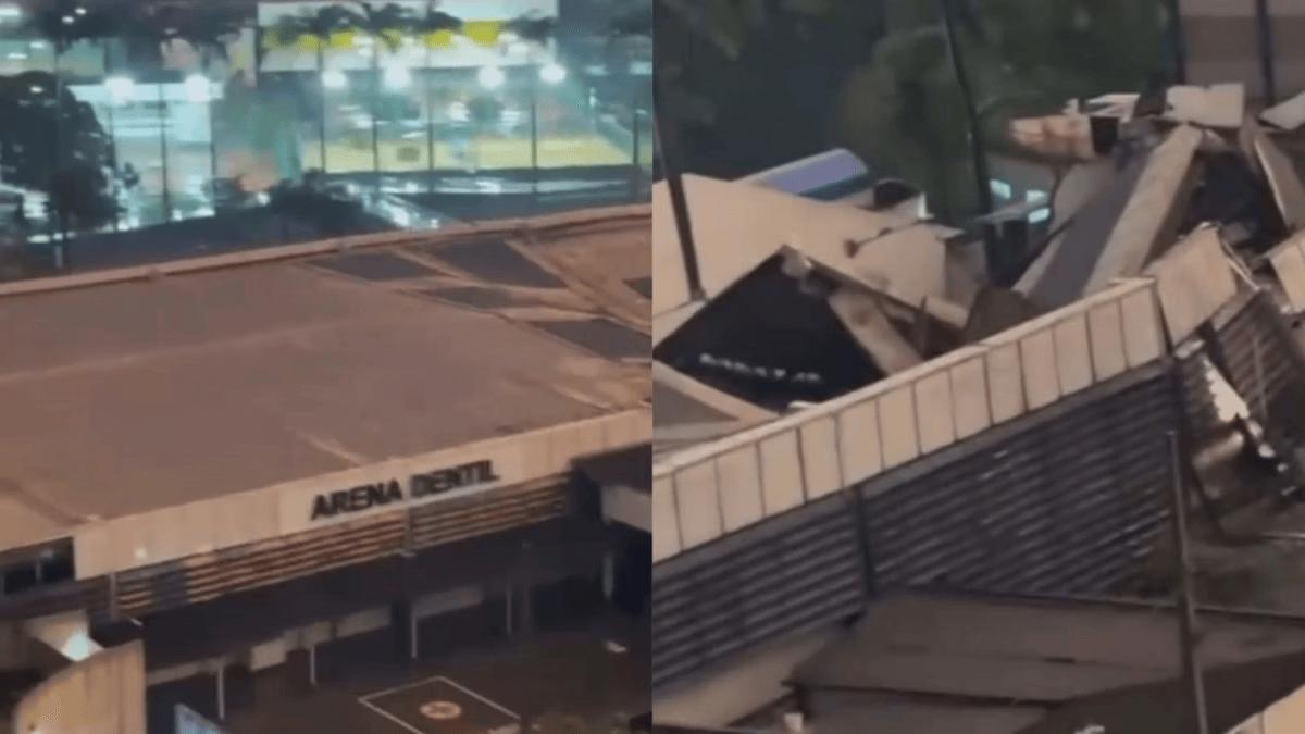 Parte da estrutura do telhado da Arena Dentil desabou durante o temporal deste sábado (28) (Foto/Reprodução Vídeo/Redes Sociais)