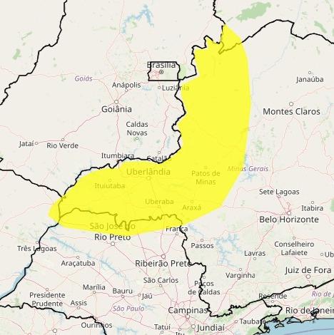 Alerta para chuvas intensas está sobre toda a região do Triângulo Mineiro (Foto/Reprodução Inmet)