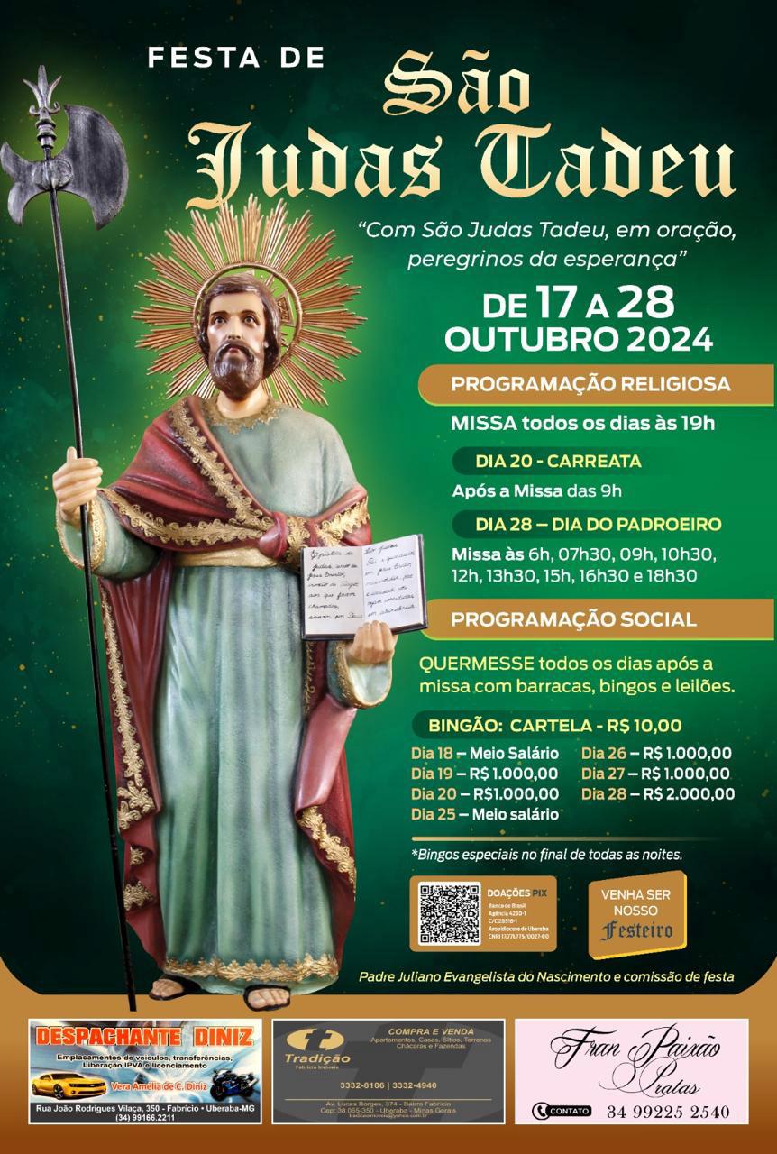 Começou a Festa de São Judas Tadeu. Nesta semana e na próxima, orações e uma programação de celebração e festa preparadas com muita dedicacao pelo Padre Juliano e toda sua equipe, a igreja está linda esperando por todos nós, viva São Judas!