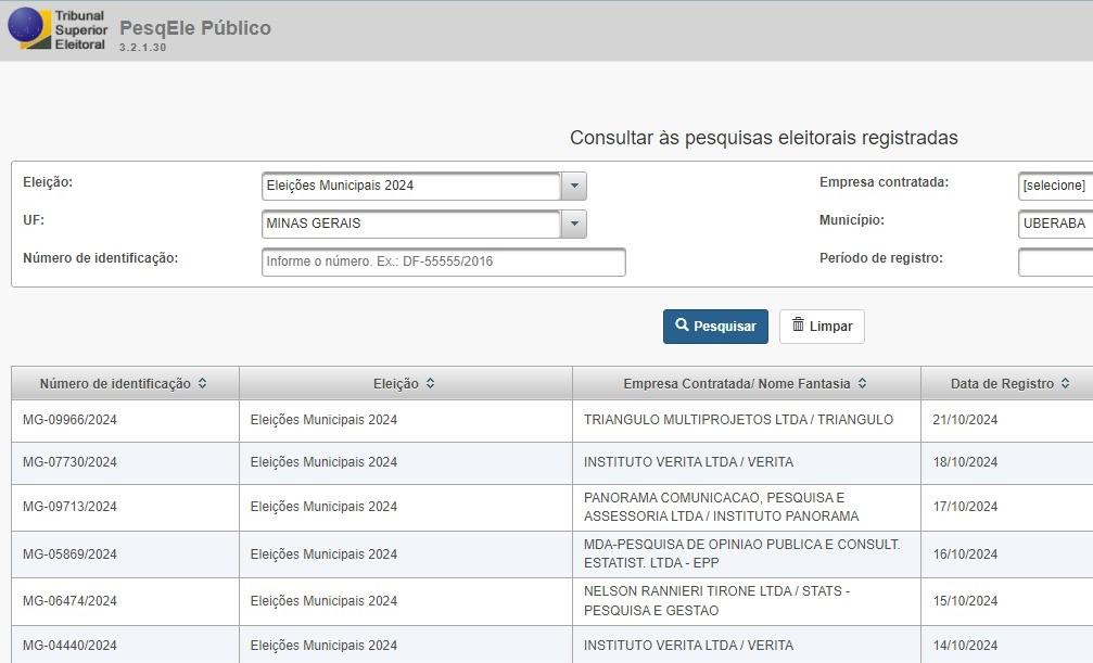 Print da página da Justiça Eleitoral que mostra as pesquisas com pedido de registro para Uberaba (Foto/Reprodução)