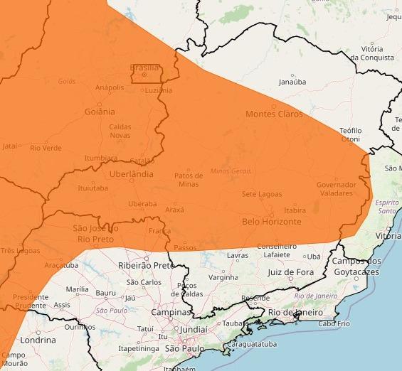 Boa parte do estado de Minas gerais está sob o alerta de perigo de chuvas intensas (Foto/Reprodução Inmet)