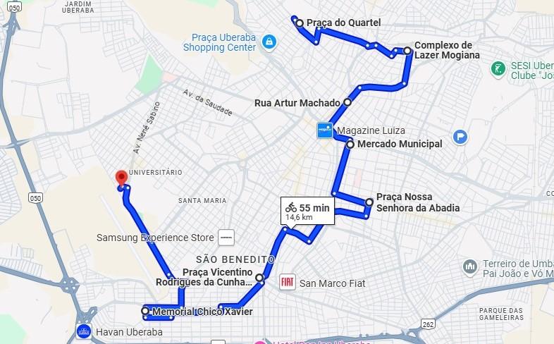 Trajeto da quinta edição do Pedal de Luz de Uberaba. (Foto/Reprodução/Maps)