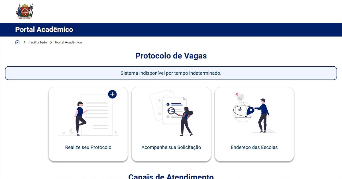 Screenshot do portal da Educação, em Uberaba, mostrando protocolo de vagas indisponível (Foto/Reprodução)