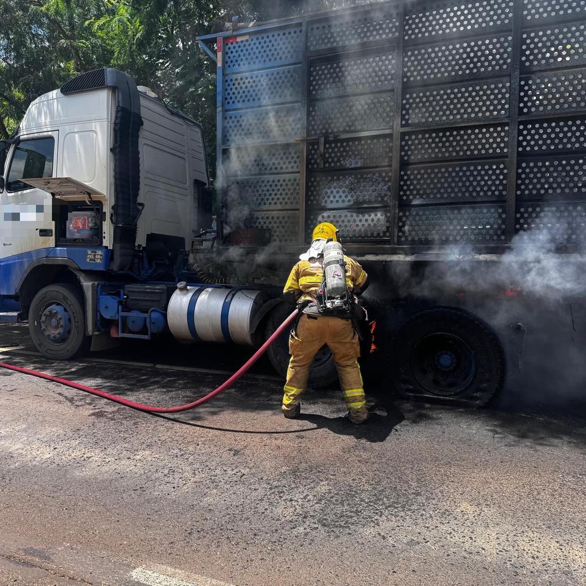 O fogo teve origem nos pneus do caminhão e foi rapidamente controlado por agentes do Corpo de Bombeiros (Foto/Divulgação)