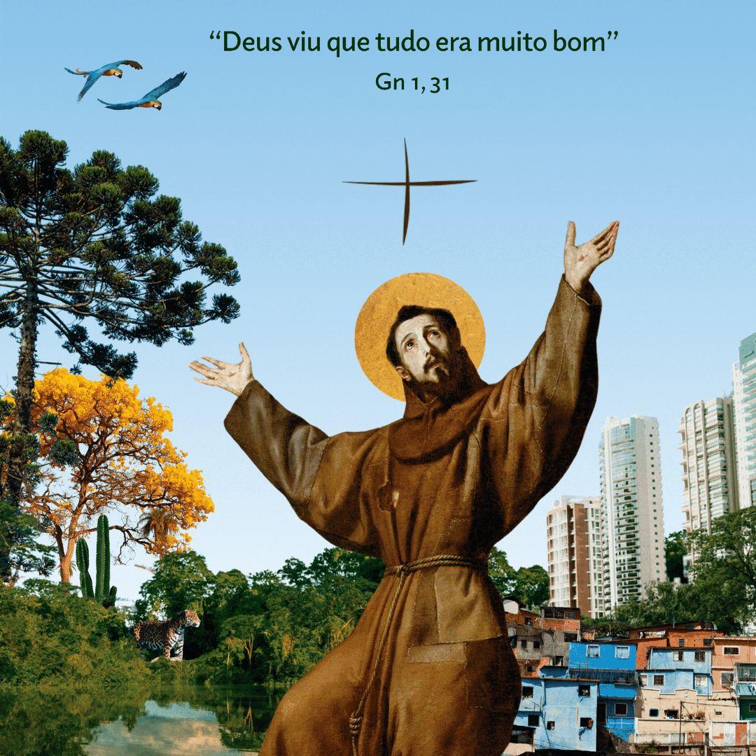 Cartaz da Campanha da Fraternidade 2025 traz a imagem de São Francisco de Assis com o lema bíblico “Deus viu que tudo era muito bom” (Foto/Reprodução)