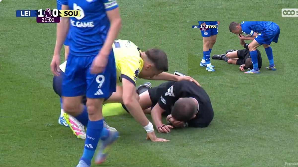 Aos 20 minutos, o árbitro David Webb foi atingido acidentalmente por uma cotovelada (Foto: Reprodução de Vídeo Gazeta Esportiva)