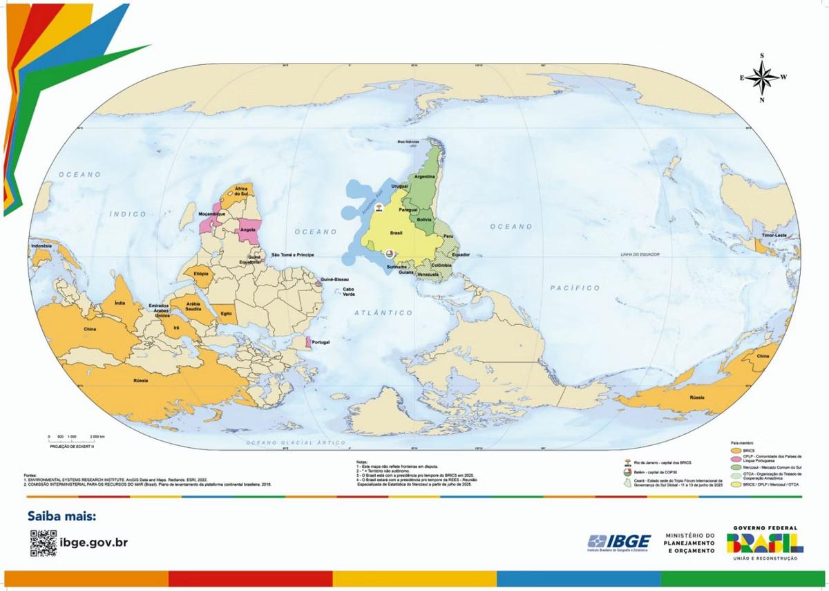 Em nota divulgada ontem à imprensa, o IBGE informou ainda que "o lançamento inédito" contará com o mapa-múndi oficial invertido em versões em português e em inglês (Foto/Reprodução)