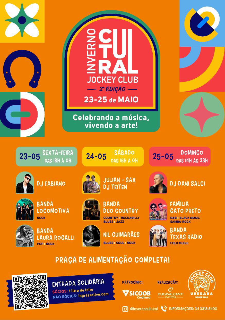 Maio chega com uma programação imperdível no Jockey Club Uberaba. De 23 a 25 o Festival de Inverno, promete movimentar a cidade. Serão três dias de experiências únicas, com atividades que vão muito além do entretenimento. Oficinas, performances, exposições, ações sociais e iniciativas sustentáveis reforçam o compromisso do Jockey Club com a transformação cultural, a inclusão e o cuidado com a comunidade e o meio ambiente (Foto/Divulgação)