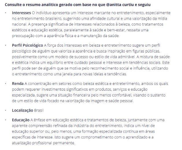Análise do perfil de Anitta feita por IA (Foto/ Reprodução)