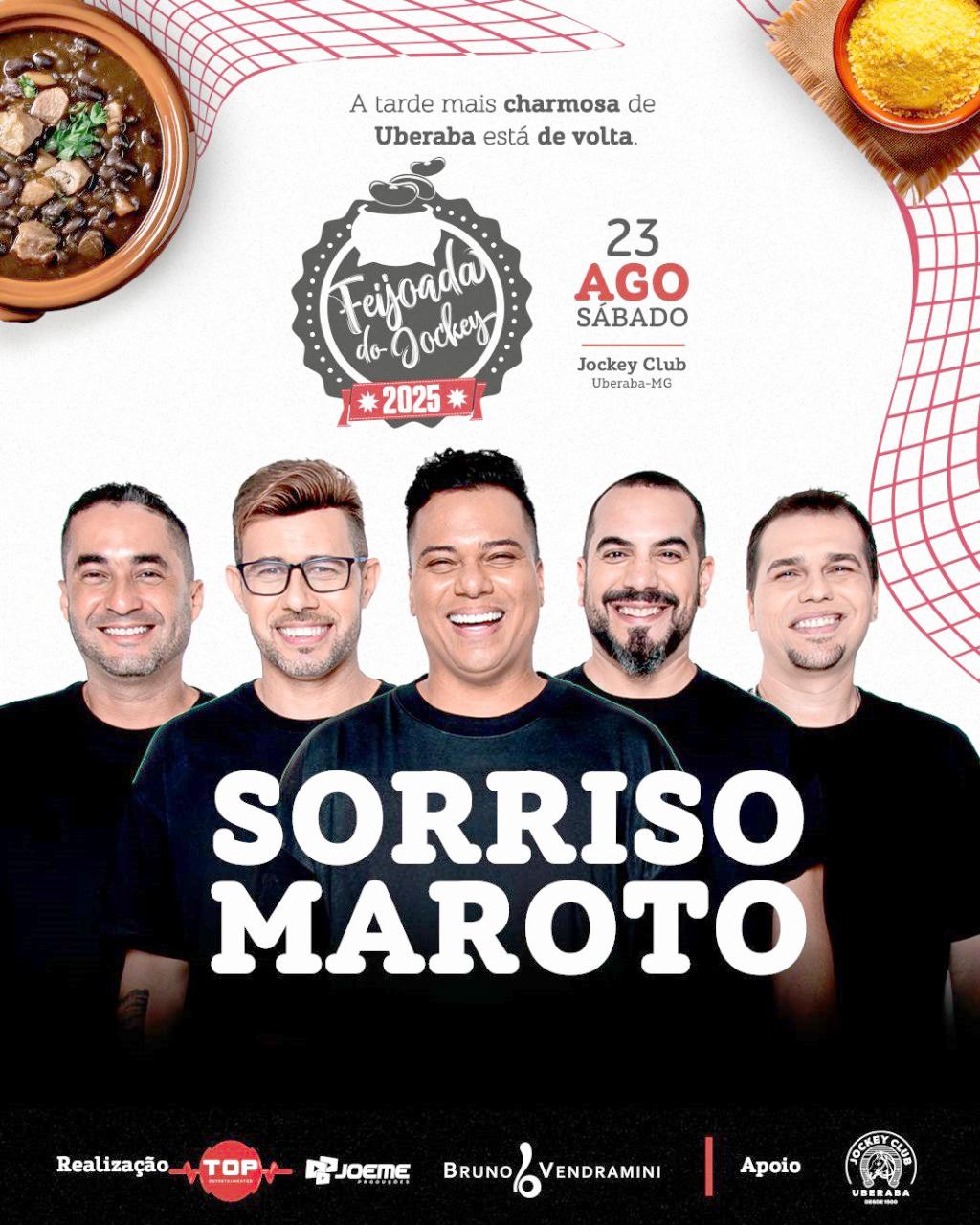 Quem vamos, na tradicionalíssima Feijoada do Jockey?! Este ano, teremos como atracão, nada mais, nada menos que, Sorriso Maroto! Eu já estou garantindo meu ingresso, porque não vou ficar fora dessa. As vendas já estão abertas e você pode adquirir seu convite na secretaria do Jockey Clube, na Wave Point, no Shopping Uberaba ou na Algar, na Prudente de Moraes ou online, no <a href=&#34;http://centraldoseventos.com.br&#34;>centraldoseventos.com.br</a> (Foto/Reprrodução)