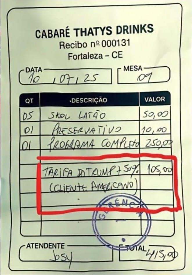 Tarifaço vira meme e nota fiscal de cabaré cobrando 'taxa de Trump' de cliente viraliza nas redes (Foto/Reprodução Internet)