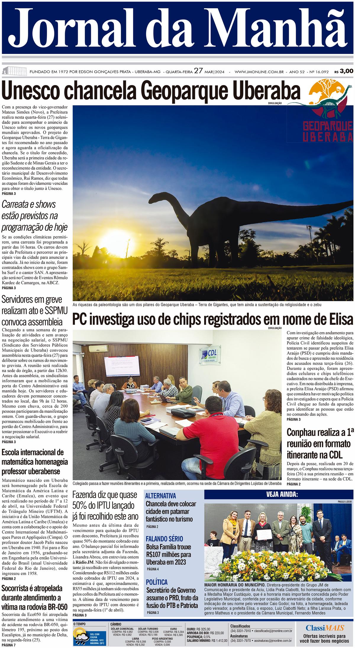 Capa do dia 27 de março de 2024 (Foto/Arquivo JM)