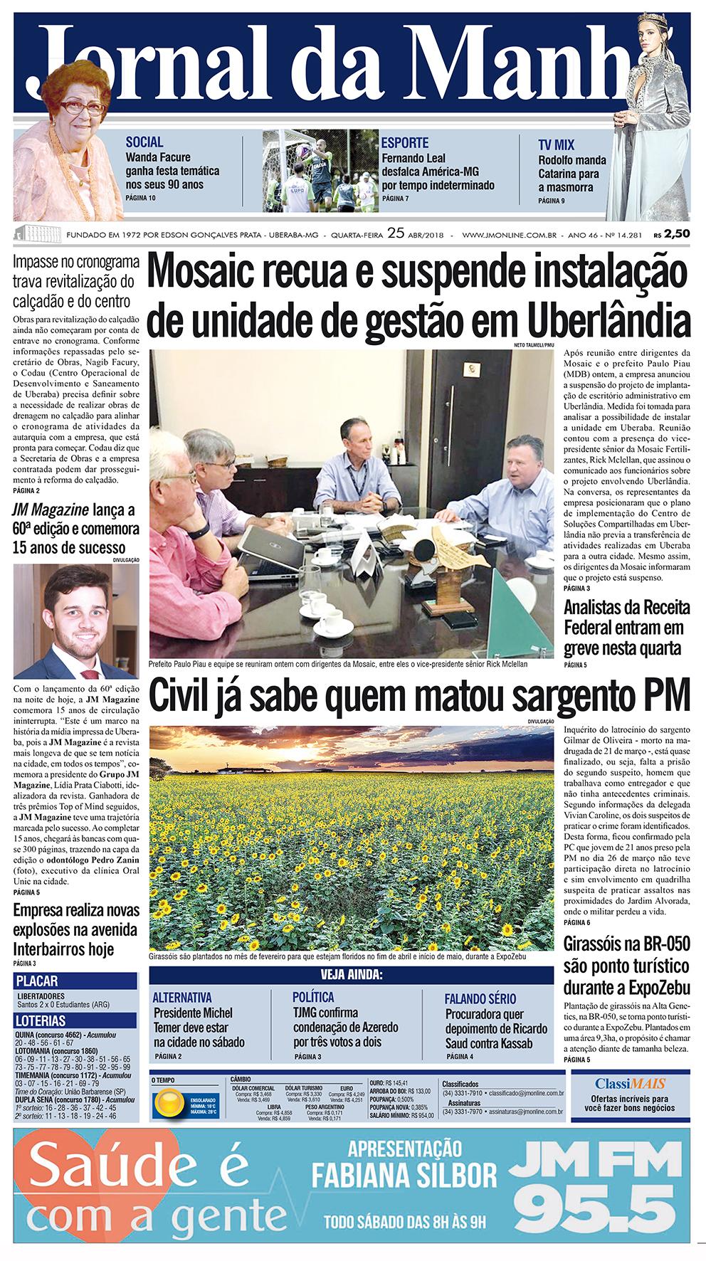 Capa do dia 25 de abril de 2018 (Foto/Arquivo JM)