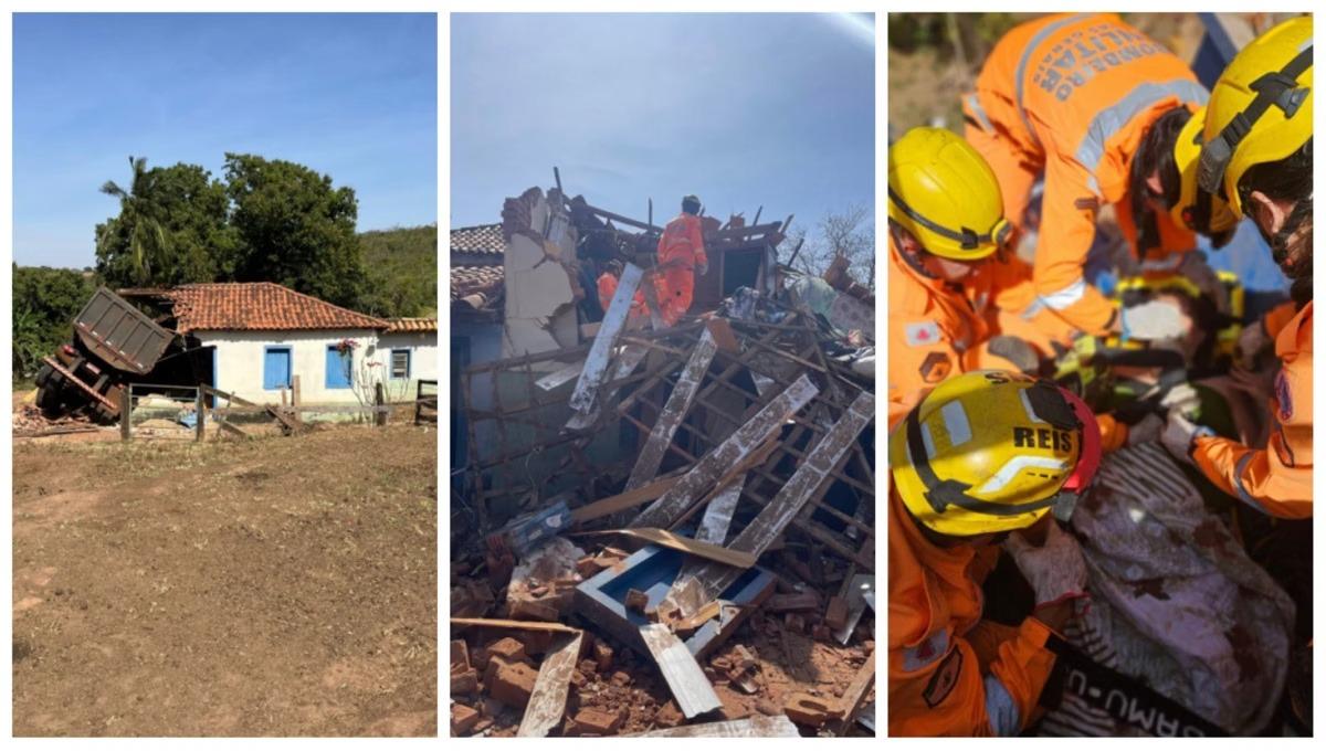 Idosa ficou soterrada e foi resgatada pelos bombeiros após caminhão desgovernado atingir casa (Foto/Divulgação/CBMG)